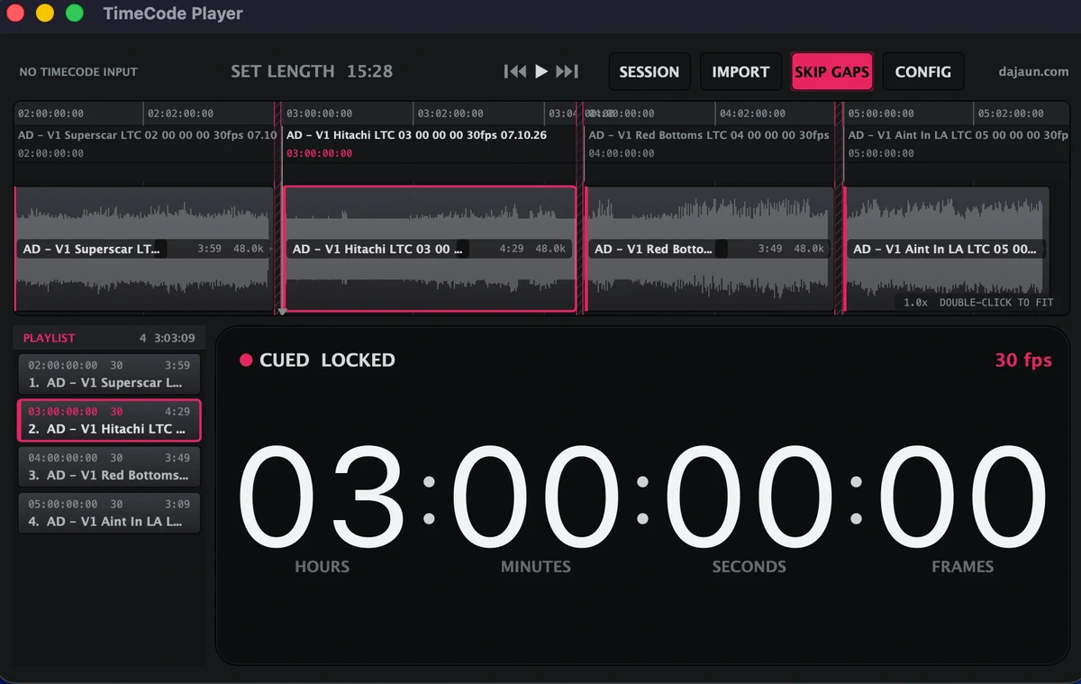 TimeCode Player — timeline, playlist and the timecode readout
